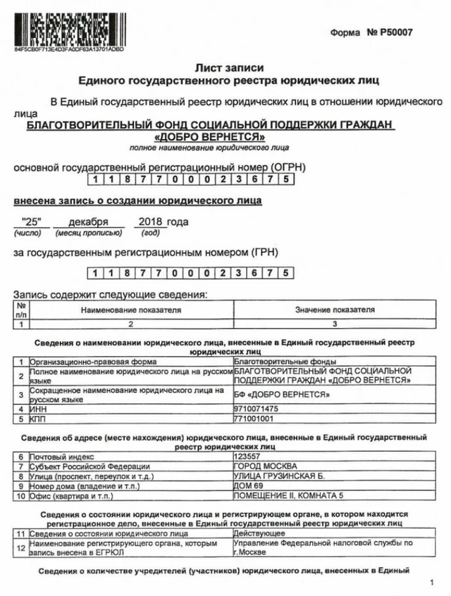 Первая страница: Лист записи ЕГРЮЛ