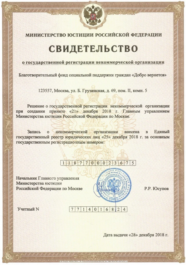 Первая страница: Свидетельство о государственной регистрации НКО